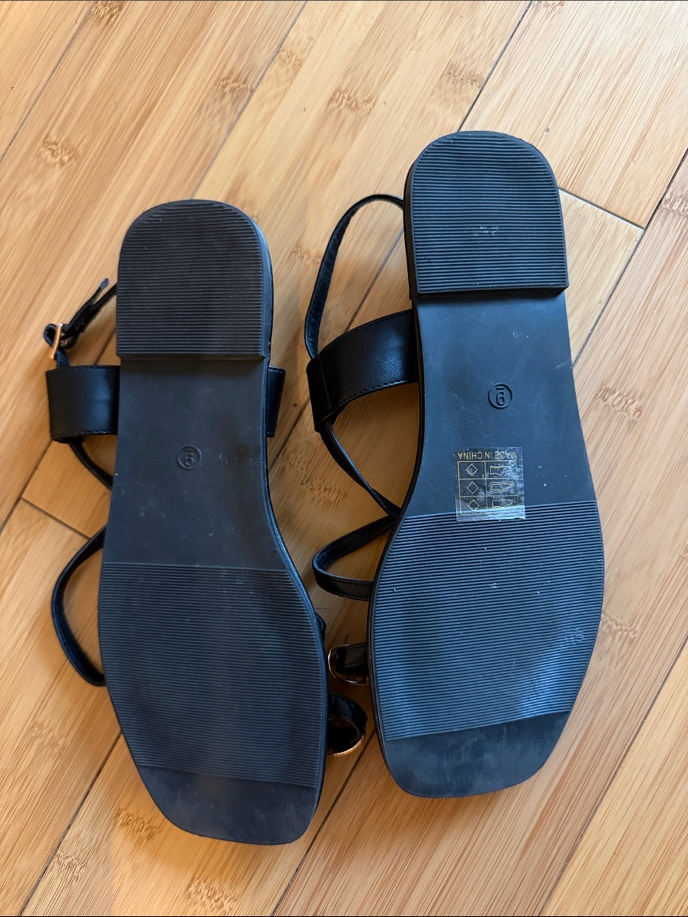 Black Strappy Sandals with Gold Toe Accent - Picture 2 of 3